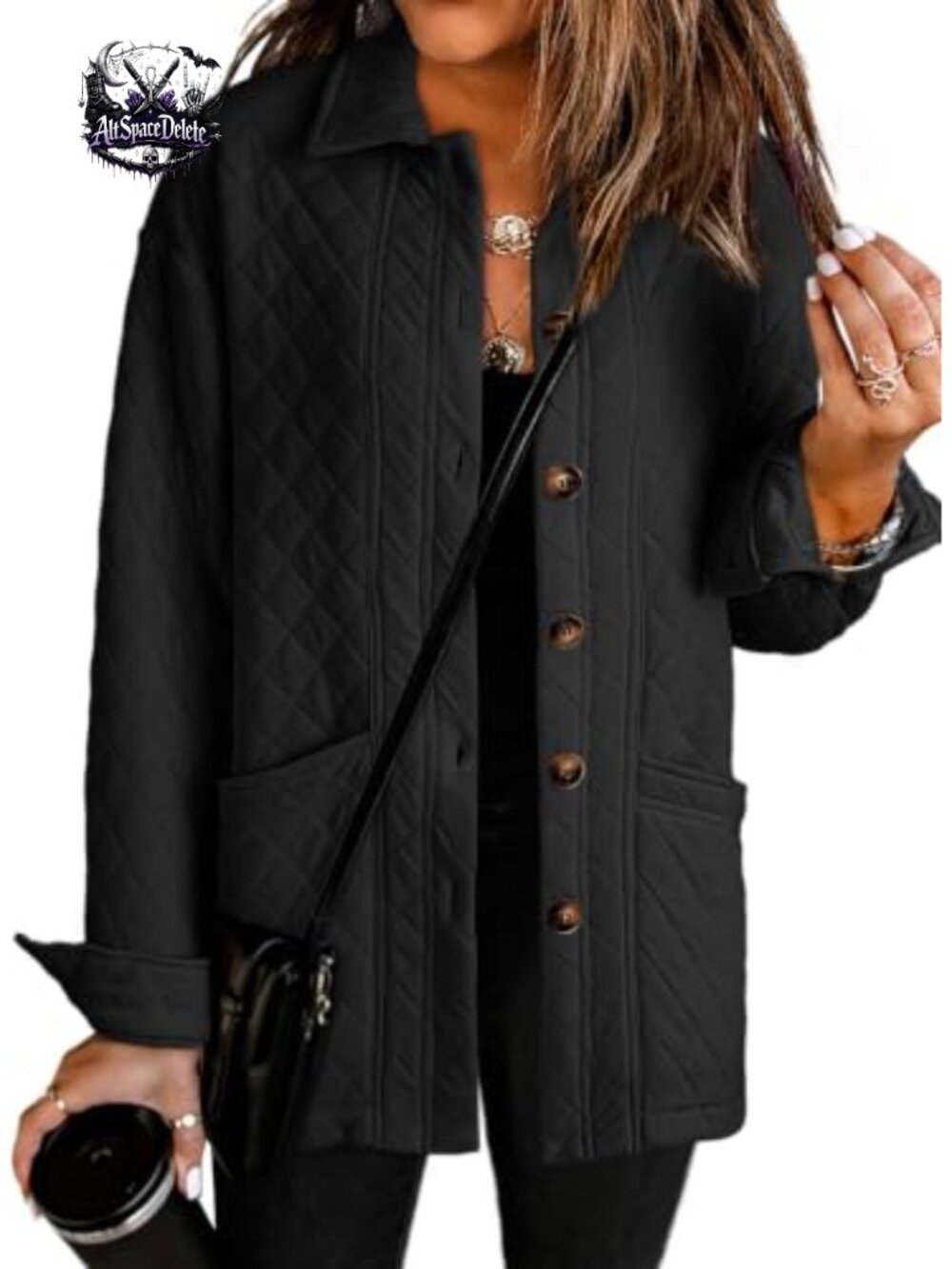 Quilted Button Down Collared Shacket Jacket with Pockets